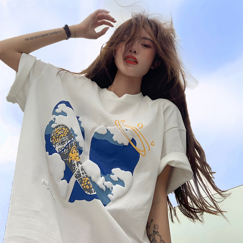 Official picture summer foam printing American style design small group loose half sleeve t-shirt female