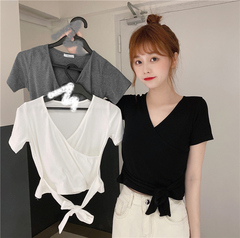 Real photo of 2021 summer Hong Kong style simple lace up T-shirt short sleeve round neck blouse Komatsu Hara style