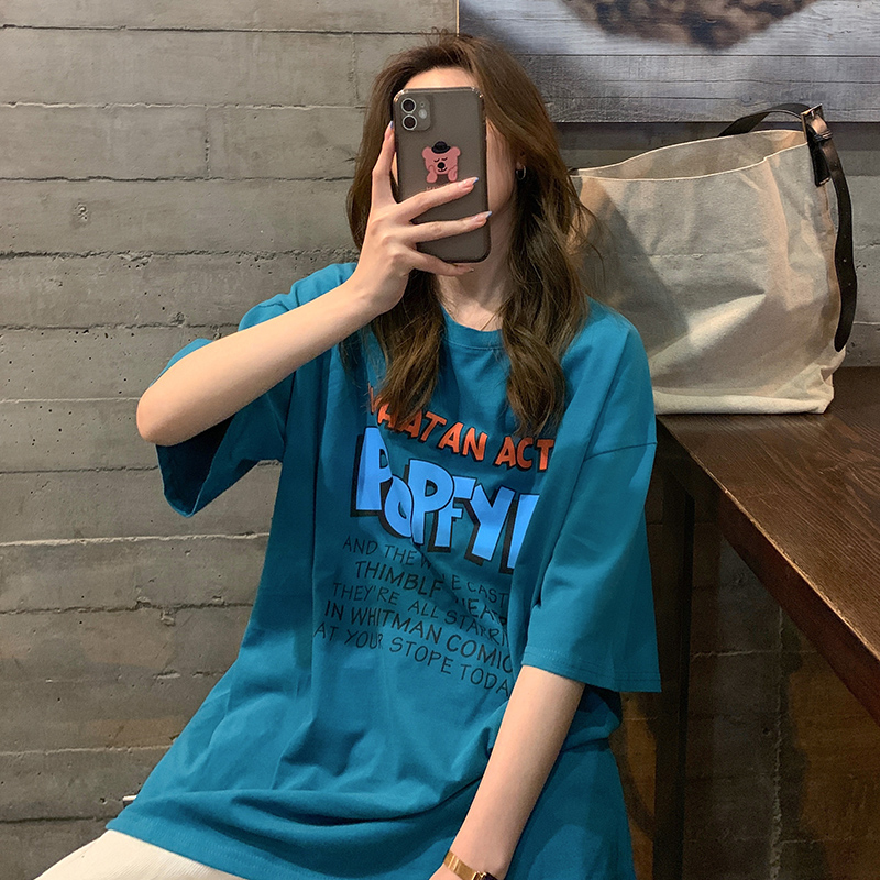 實拍夏季新款寬鬆中長款百搭字母印花短袖恤女