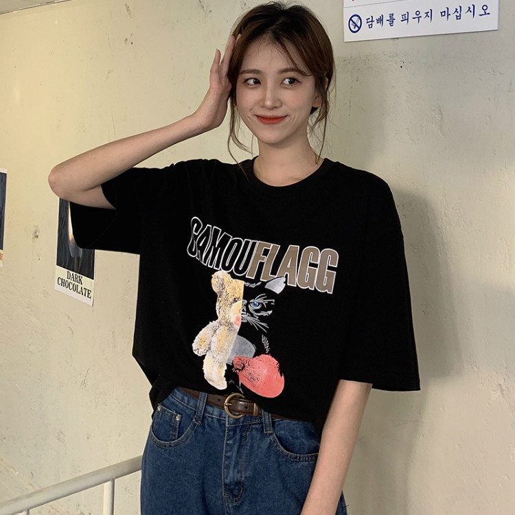 Real shot 2021 summer Korean cartoon letter printed T-shirt women's short sleeve round neck top