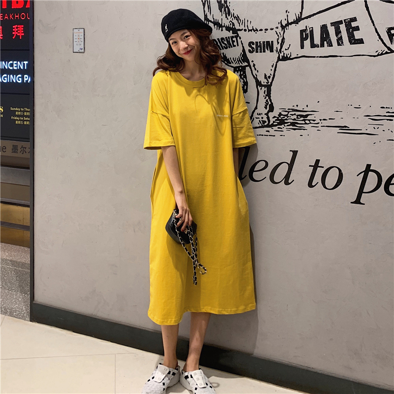 Real photo 2021 Hong Kong style simple casual T-shirt women's mid long dress split short sleeve crew neck