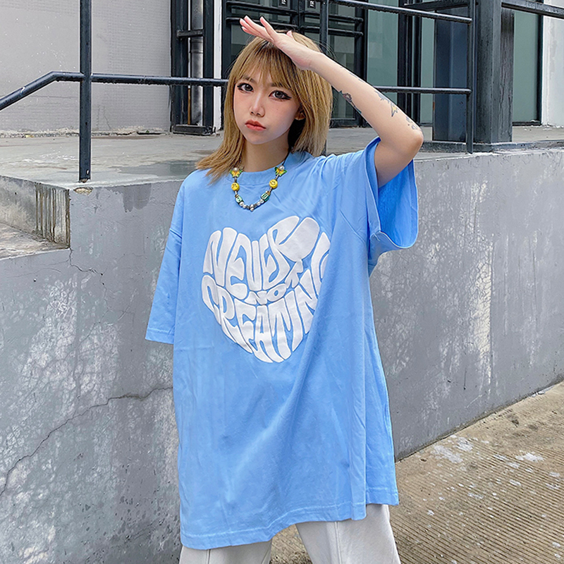 Official photo 2021 summer Harajuku couple's national milk blue T-shirt women's foam printing