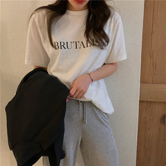 春秋韓版新款寬鬆中長款字母印花百搭情侶白色短袖恤上衣女