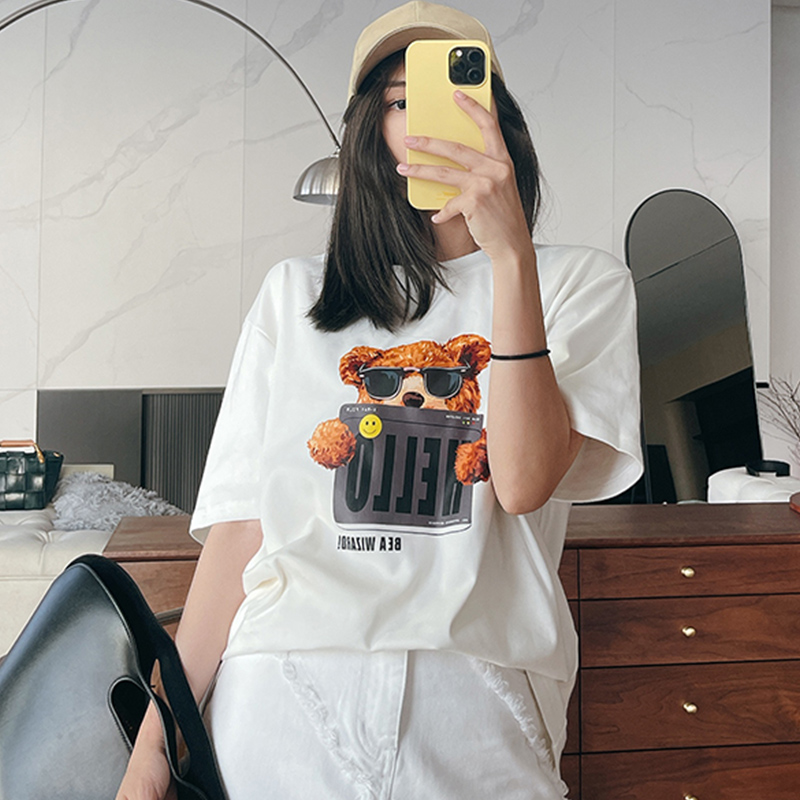 Official picture year cute bear short sleeve t-shirt female spring summer white super fire net red top cotton