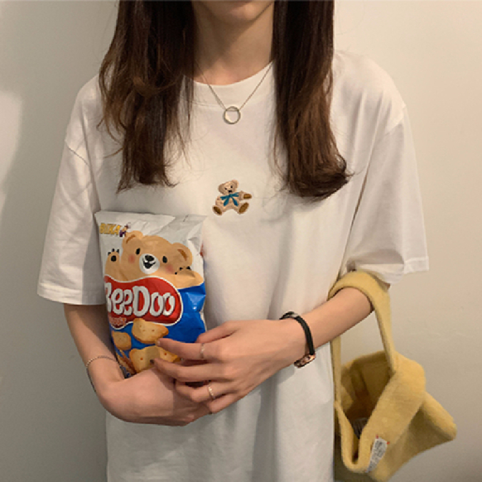 Official picture real price cute embroidery bear round neck loose short sleeve T-shirt women's net red