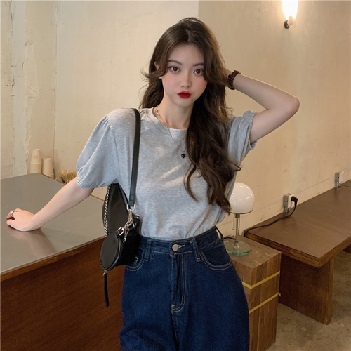 Real shot 100% cotton 2022 summer clothes new loose solid color bubble sleeve T-shirt design top