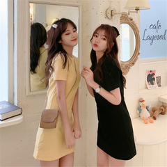 Real shot 2021 summer Hong Kong style simple medium long solid color T-shirt women's short sleeve round neck top