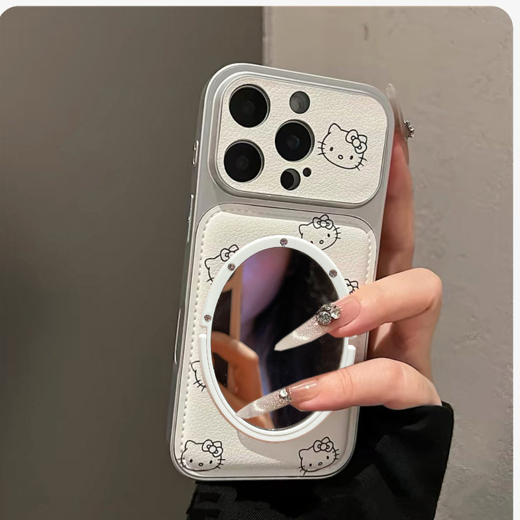 大视窗皮质适用iphone16手机壳镜子17promax白色kt猫苹果15promax保护壳14粉色皮纹13新款卡通贴皮12软壳11