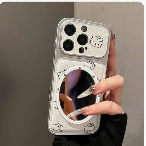 大视窗皮质适用iphone16手机壳镜子17promax白色kt猫苹果15promax保护壳14粉色皮纹13新款卡通贴皮12软壳11