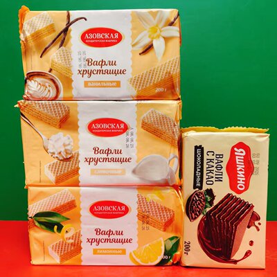 俄罗斯进口柠檬味奶油味香草味威化饼干亚什基诺黑可可味威化200g