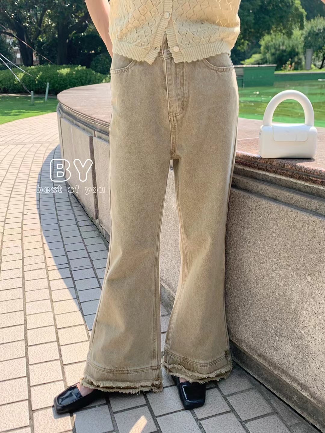 美式毛边咖色微喇叭流苏边牛仔裤女春秋高腰显瘦复古直筒牛仔裤子