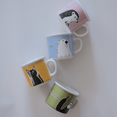 出口日本余单彩色森林动物咖啡杯仿搪瓷陶瓷杯超可爱水杯马克杯