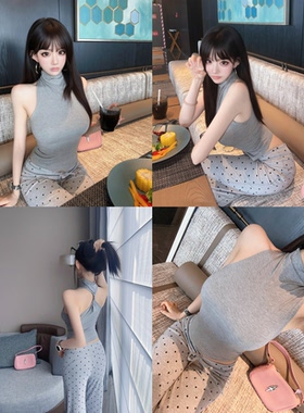 Eva君君酱韩系半高领弹力扭结露背紧身t恤女显瘦百搭无袖纯色上衣