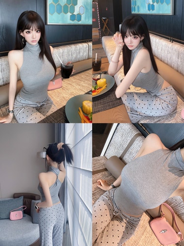 Eva君君酱韩系半高领弹力扭结露背紧身t恤女显瘦百搭无袖纯色上衣