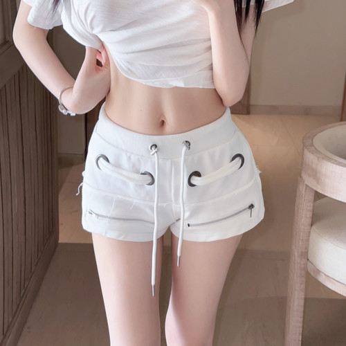Eva君君姐美式慵懒风休闲设计感拉链抽绳磨毛阔腿短裤女百搭热裤