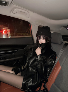 Eva君君酱美式 复古机车皮衣外套女廓形翻领宽松百搭高级夹克上衣