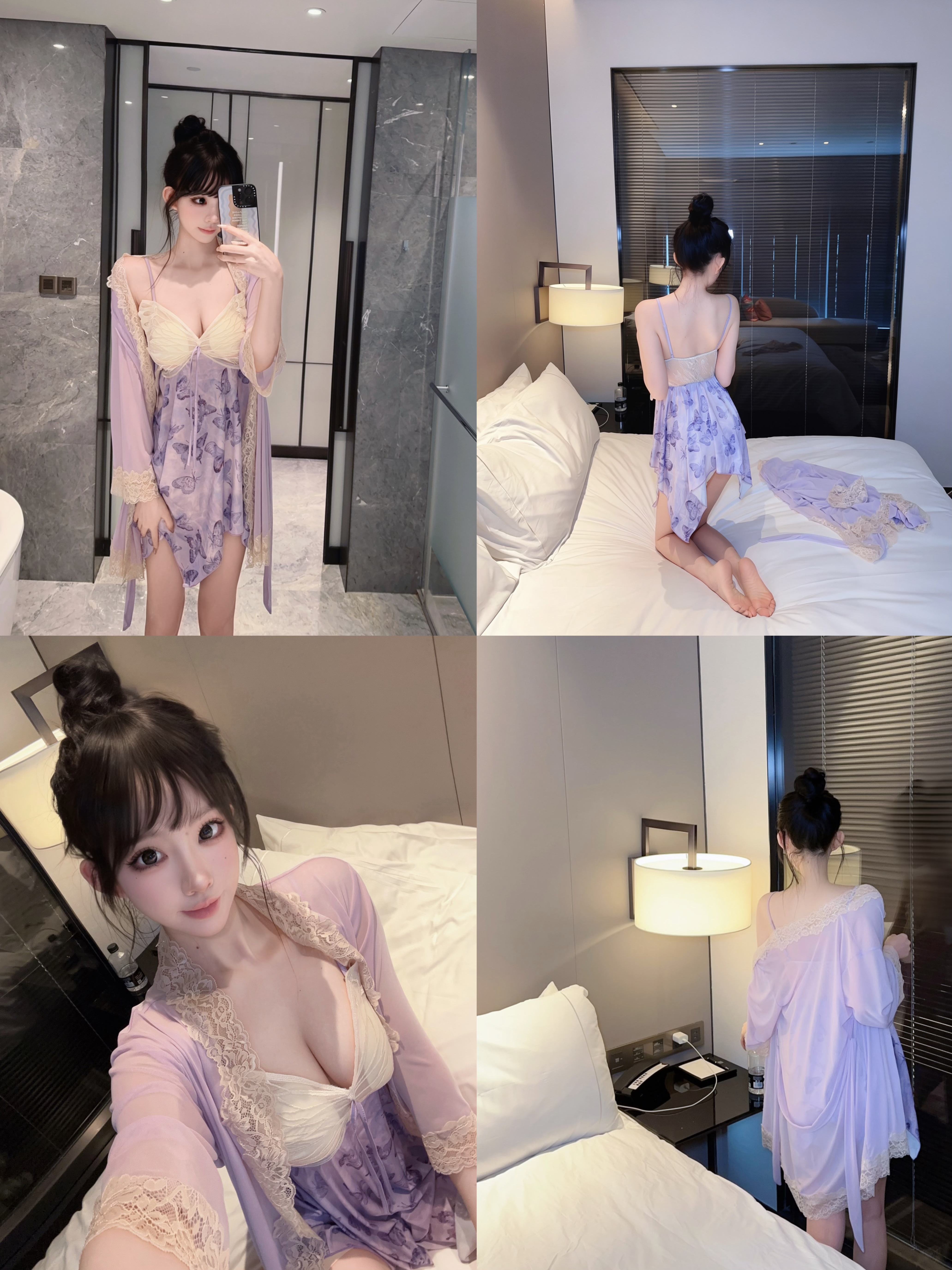Eva君君酱性感睡衣套装女蝴蝶v领吊带不规则睡裙蕾丝花边网纱睡袍