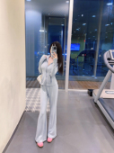女韩 套装 Eva君君酱慵懒风立领拉链长袖 卫衣外套抽绳微喇运动长裤
