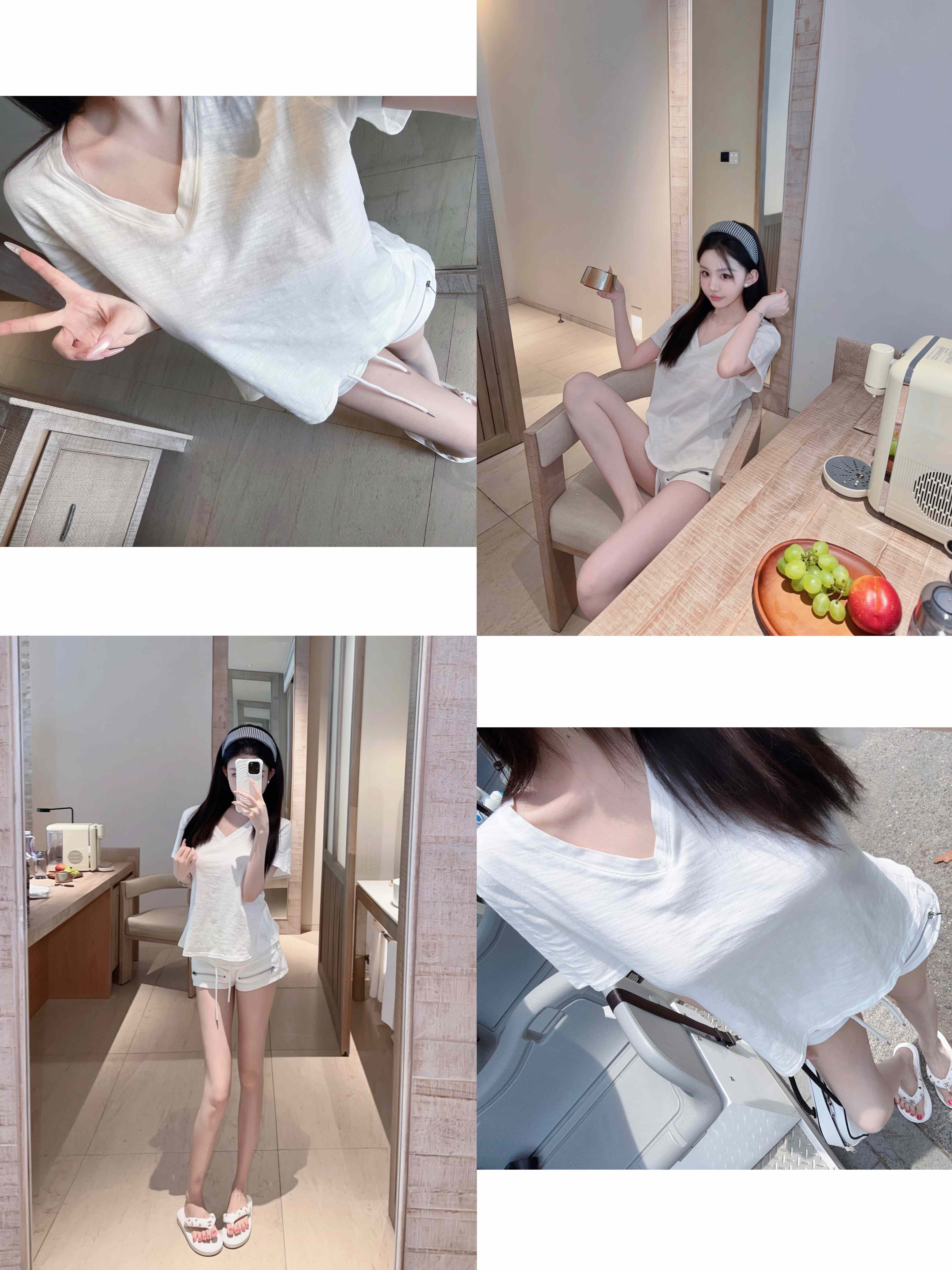 Eva君君酱纯欲韩系V领竹节棉短袖T恤女百搭休闲显瘦宽松慵懒上衣