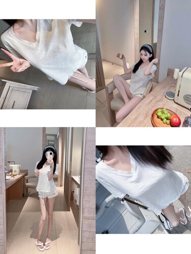 Eva君君酱纯欲韩系V领竹节棉短袖T恤女百搭休闲显瘦宽松慵懒上衣