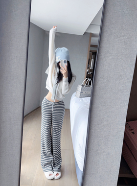 Eva君君酱慵懒风条纹抽绳低腰宽松直筒休闲裤女百搭显瘦长裤子韩