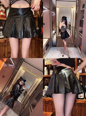 Eva君君酱辣妹性感百搭肌理纹百褶pu皮裙女防走光A字半裙短裙子韩