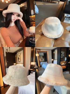 Evs君君酱韩系麂皮绒毛边两戴渔夫帽女秋冬保暖百搭显脸小水桶帽
