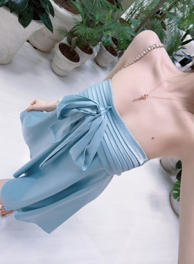 Eva君君酱韩系甜美蝴蝶结绑带抹胸缎面连衣裙女显瘦气质度假短裙