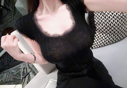 Eva君君酱纯欲辣妹蕾丝花边u领马海毛针织透视短袖t女显瘦上衣韩