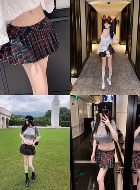 Eva君君酱学院风jk减龄低腰防走光百褶半身裙女百搭格纹mini短裙