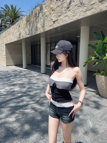 Eva君君酱miu系撞色拼接抹胸针织背心女后绑带辣妹性感抹胸上衣韩