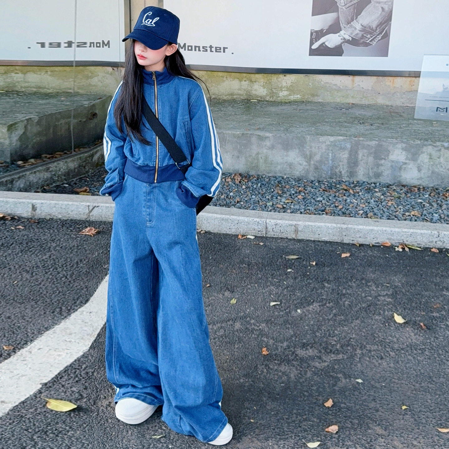 女童韩系时尚牛仔裤套装春秋季2026新款中大童洋气外套宽松阔腿裤