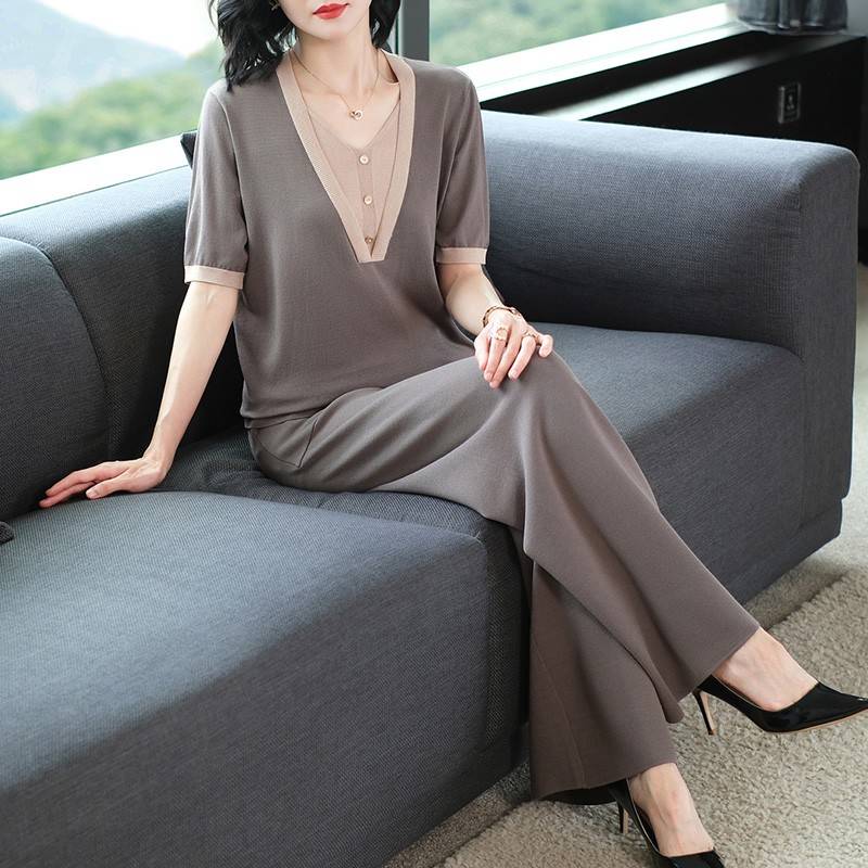 高级感休闲时尚套装女中年妈妈夏季2025新款气质宽松阔腿裤两件套