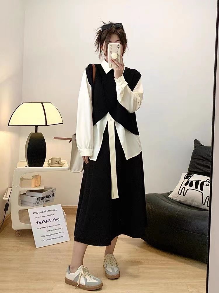 大码女装胖mm2023新款设计感衬衫马半身裙裙套装秋休闲显瘦三件套