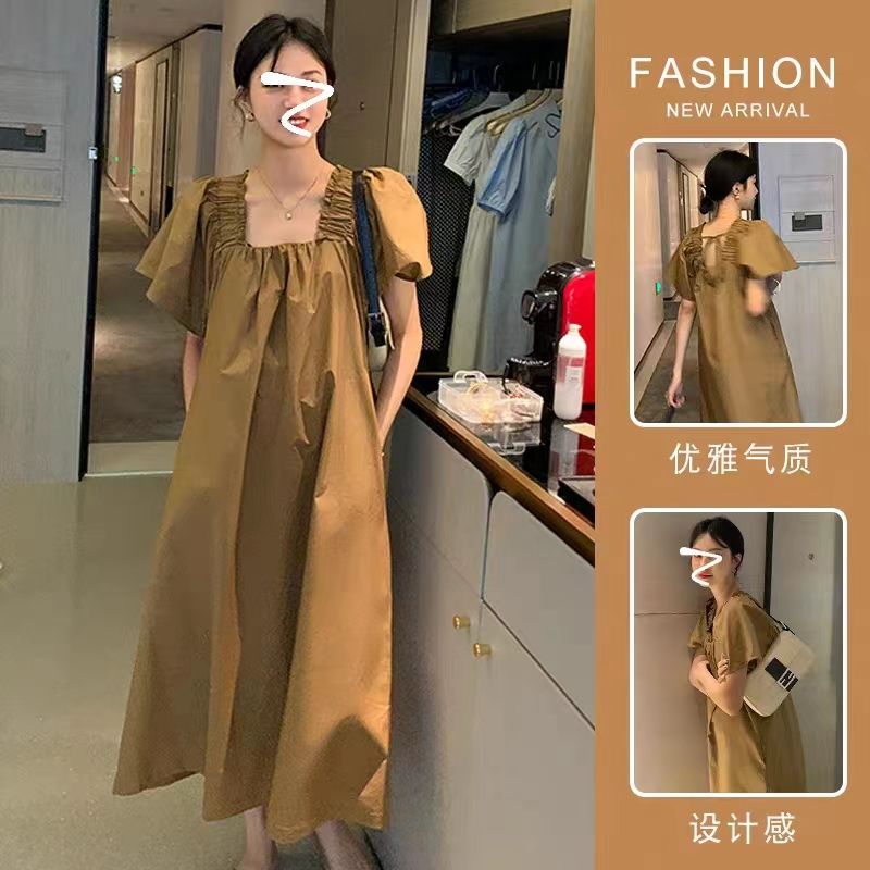 粉色方领长款连衣裙女夏季2023新款宽松遮肚显瘦大码胖mm休闲裙子