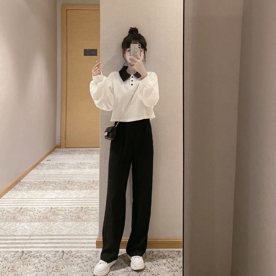 含棉2023新款秋季套装女学生韩版polo卫衣外套女直筒裤时尚两件套