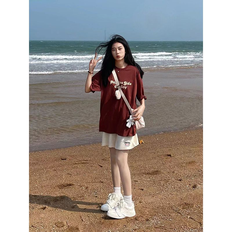 休闲运动套装女夏季学生酒红色短袖白色五分裤两件套ins小个子