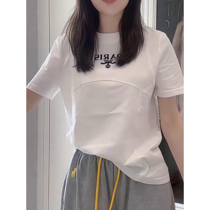 2025夏季新款英文字母弧形拼接显瘦短袖T恤女大码女装百搭打底衫