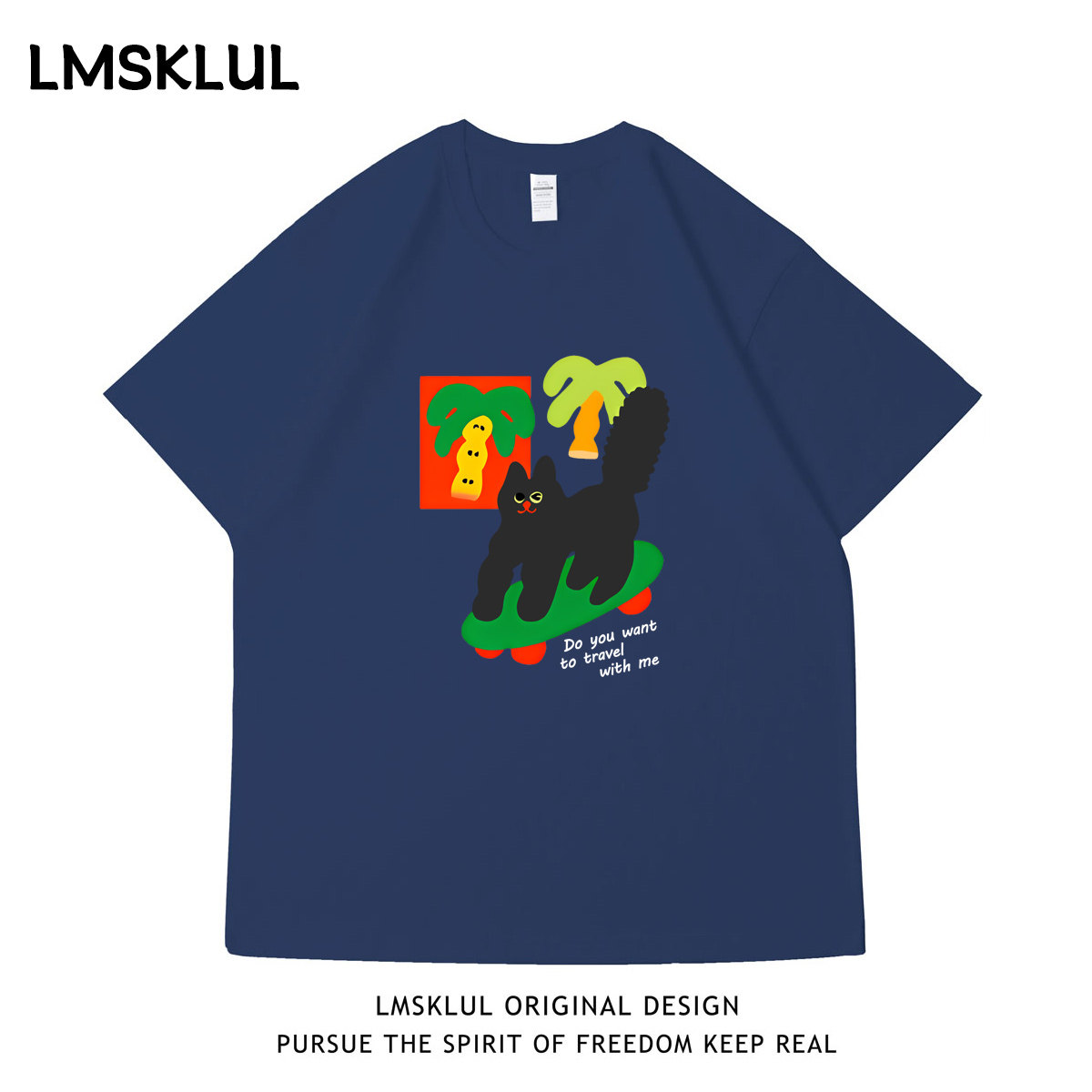 LMSKLUL国潮卡通趣味滑板猫咪印花短袖宽松百搭休闲情侣同款T