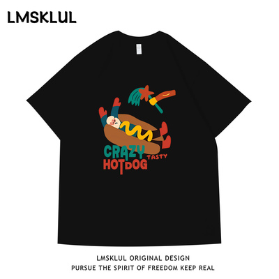 LMSKLUL潮牌美式复古热狗印花短袖宽松休闲百搭情侣款圆领T恤
