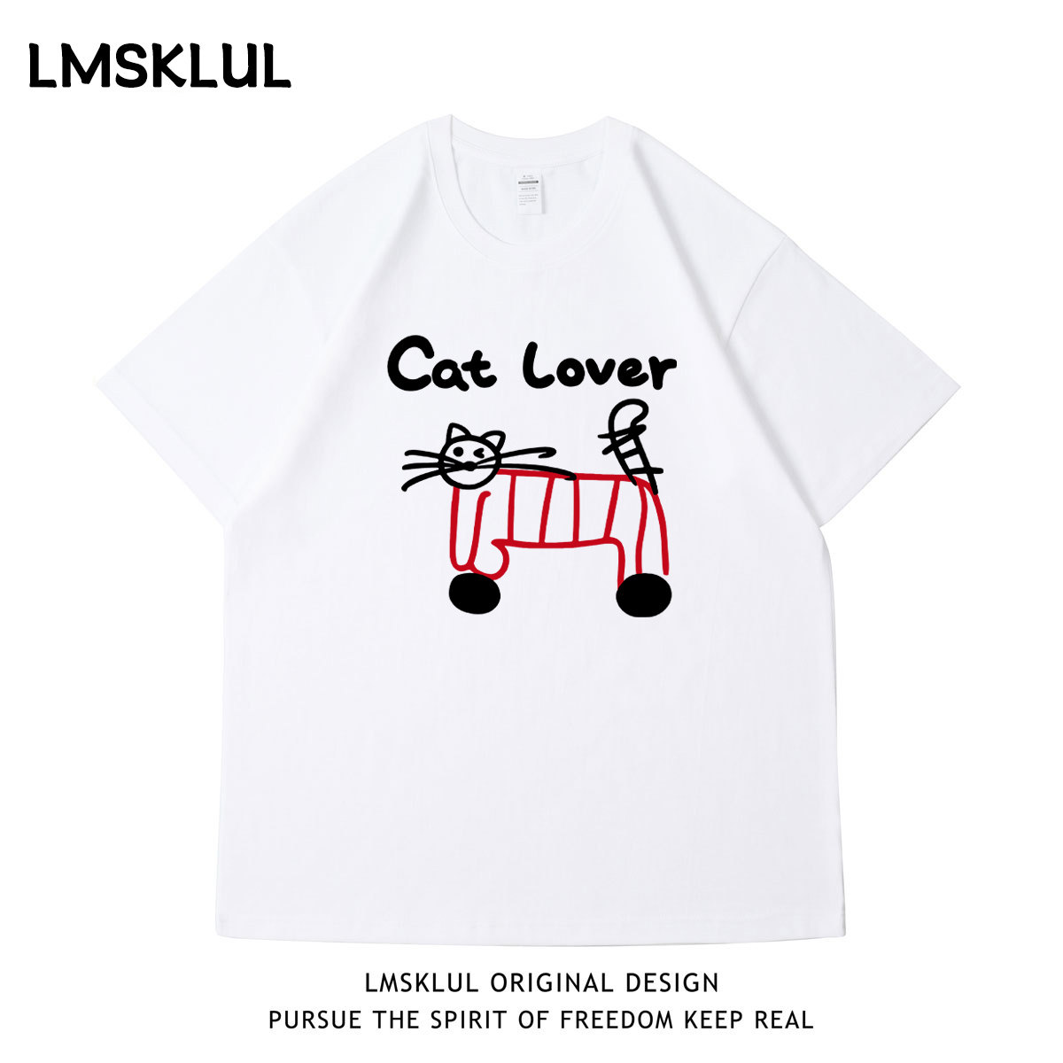 LMSKLUL美式潮牌创意长胡子猫咪印花短袖宽松百搭休闲情侣款T
