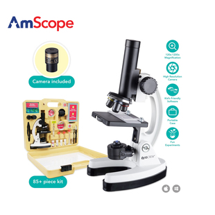 AmScope 120X–1200X儿童显微镜益智教学实验带标本相机生日礼物