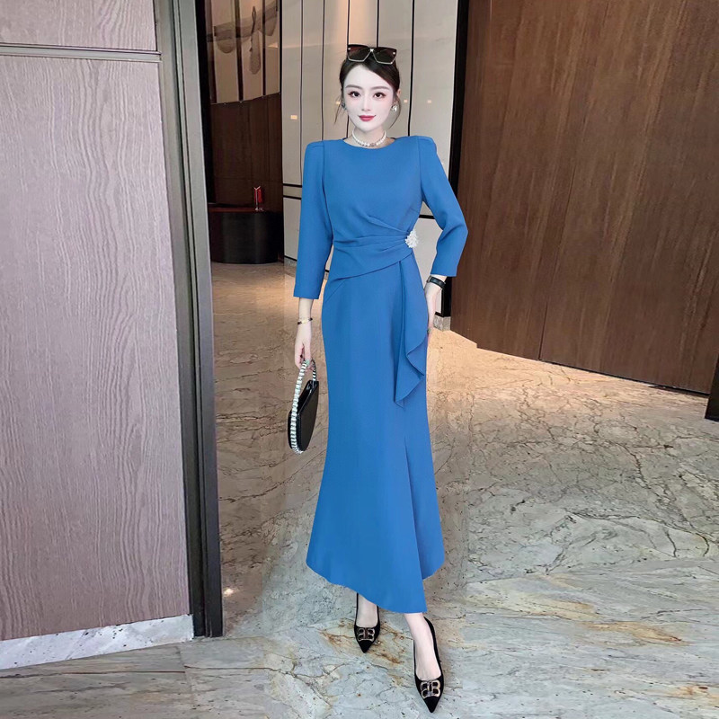 淑女鱼尾蓝色褶皱大气显瘦