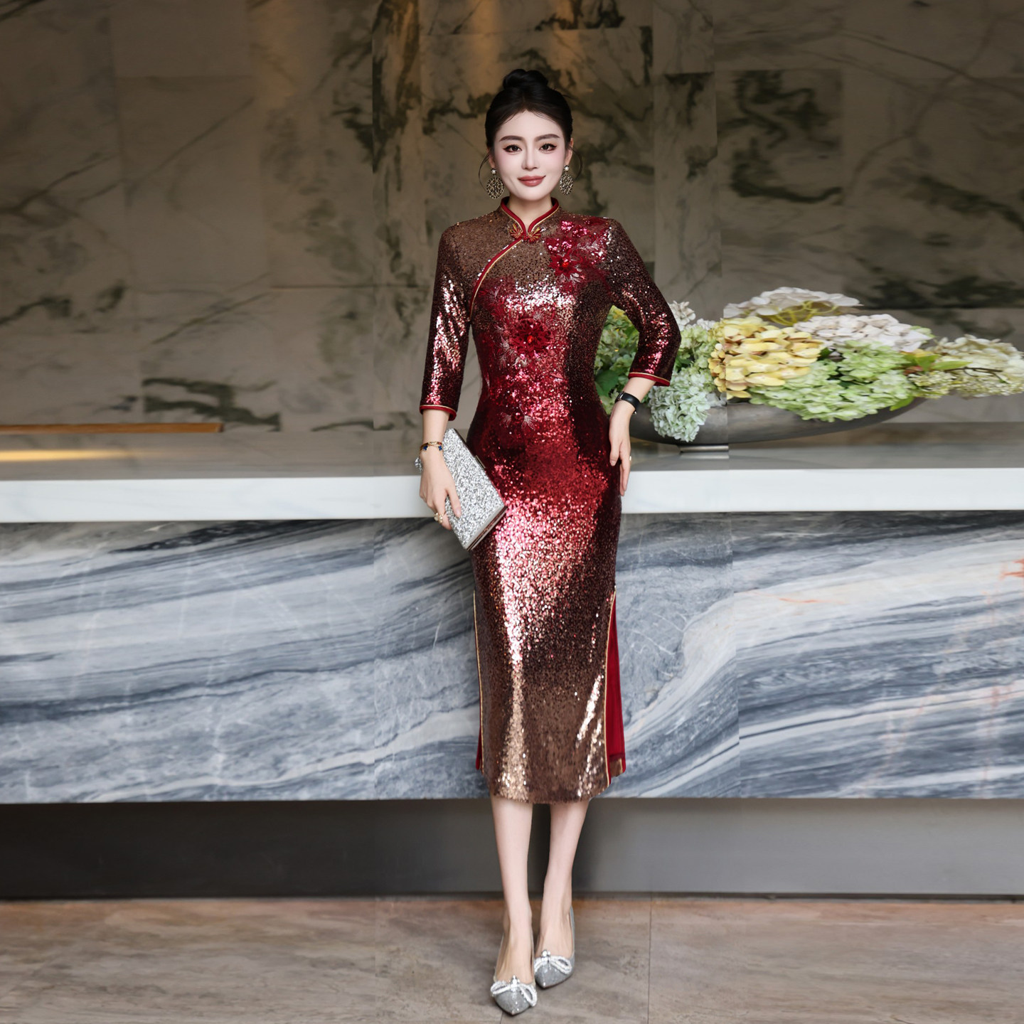 渐变色亮片礼服裙喜妈妈婚宴装