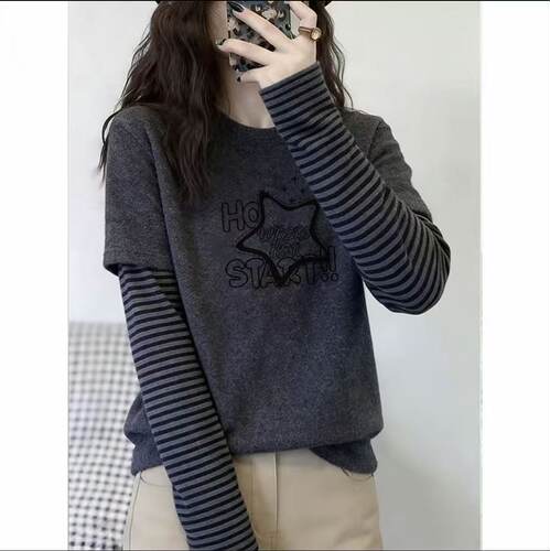 撞色条纹打底衫假两件长袖t恤女