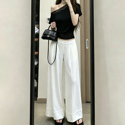 纯欲风蕾丝拼接上衣高腰直筒休闲裤2026夏季新款韩系松弛感女套装