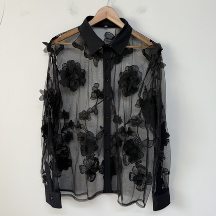 Limited Edition Three-Dimensional Floral Positioning Embroidery Black Sheer Mesh Original Designer Men's Shirt