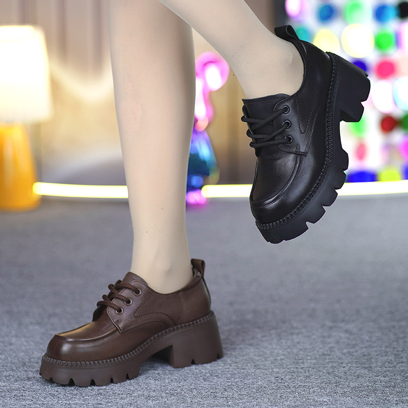 真皮乐福鞋女春季新款头层牛皮英伦风系带厚底粗跟休闲小皮鞋单鞋,女鞋,深口单鞋,淘宝优惠券,粉丝福利购,淘宝优惠卷