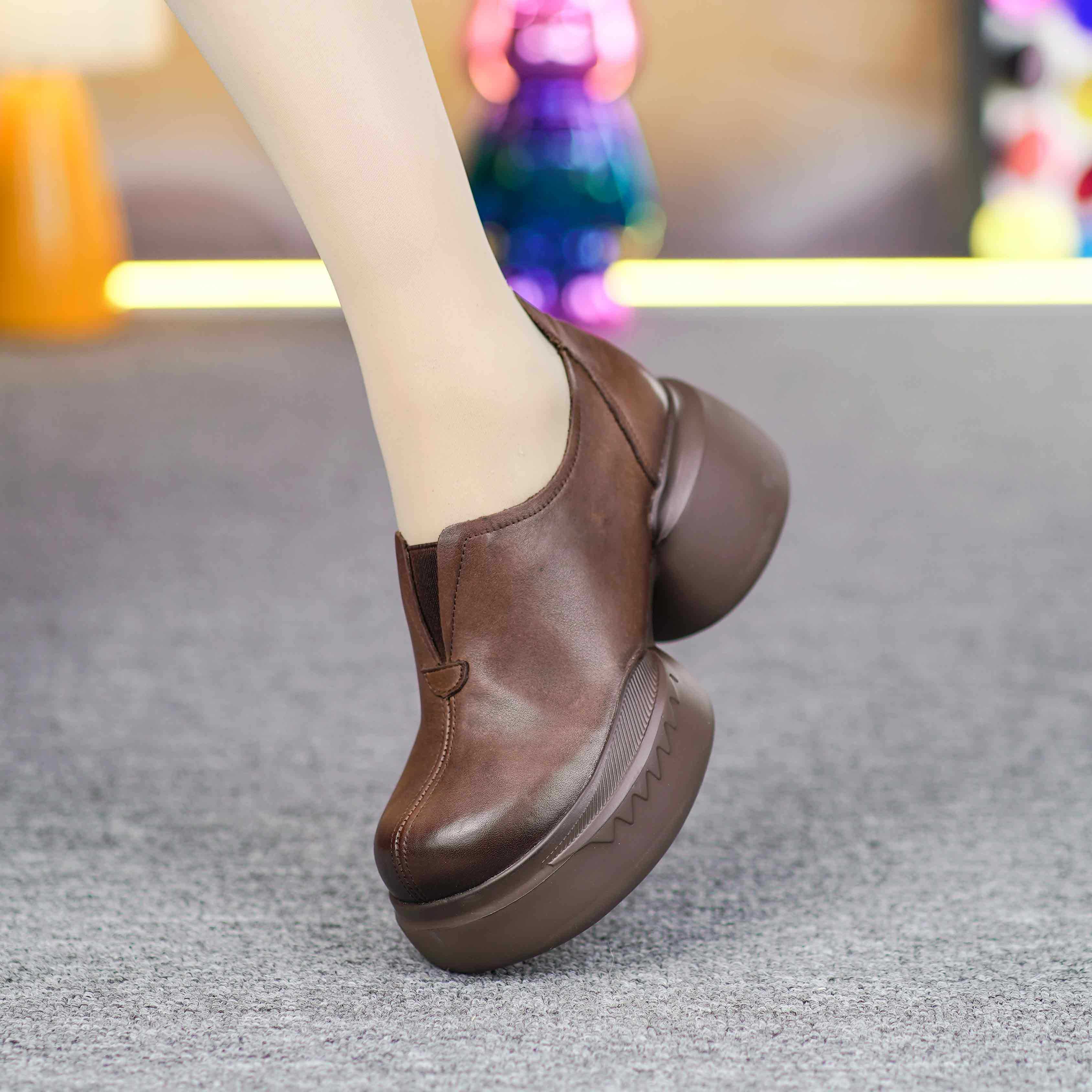 真皮单鞋女春季新款松糕厚底头层牛皮圆头小个子增高复古深口皮鞋,女鞋,深口单鞋,淘宝优惠券,粉丝福利购,淘宝优惠卷