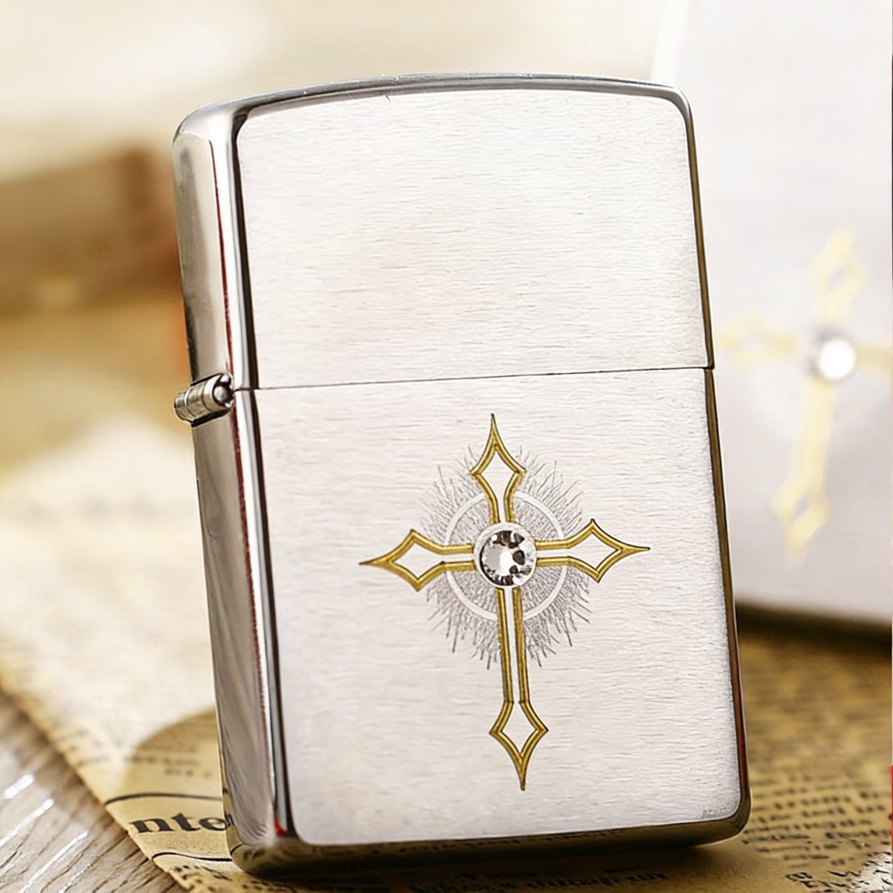 ZIPPO正品煤油防风打火机镶钻爱情水晶守护十字架送男友礼物刻字